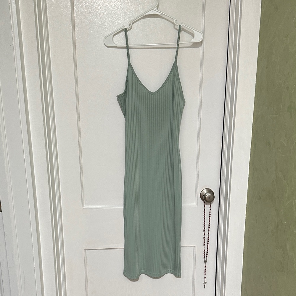 SHEIN Sage Green Ribbed Midi Dress
